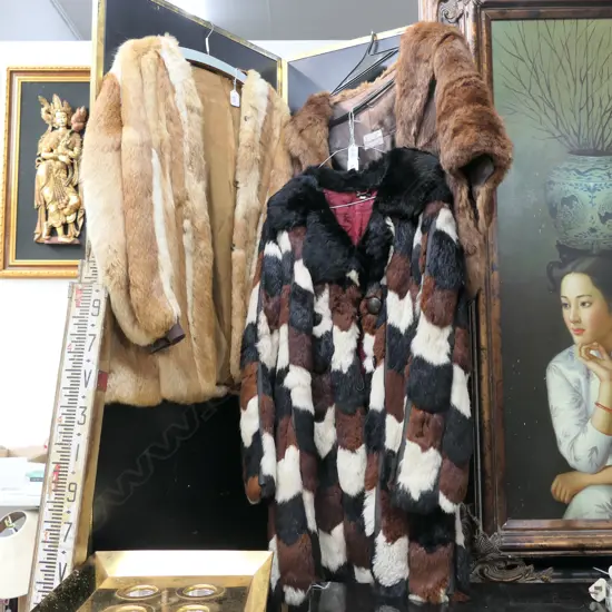 2 RABBIT FUR COATS + SQUIRREL STOLE