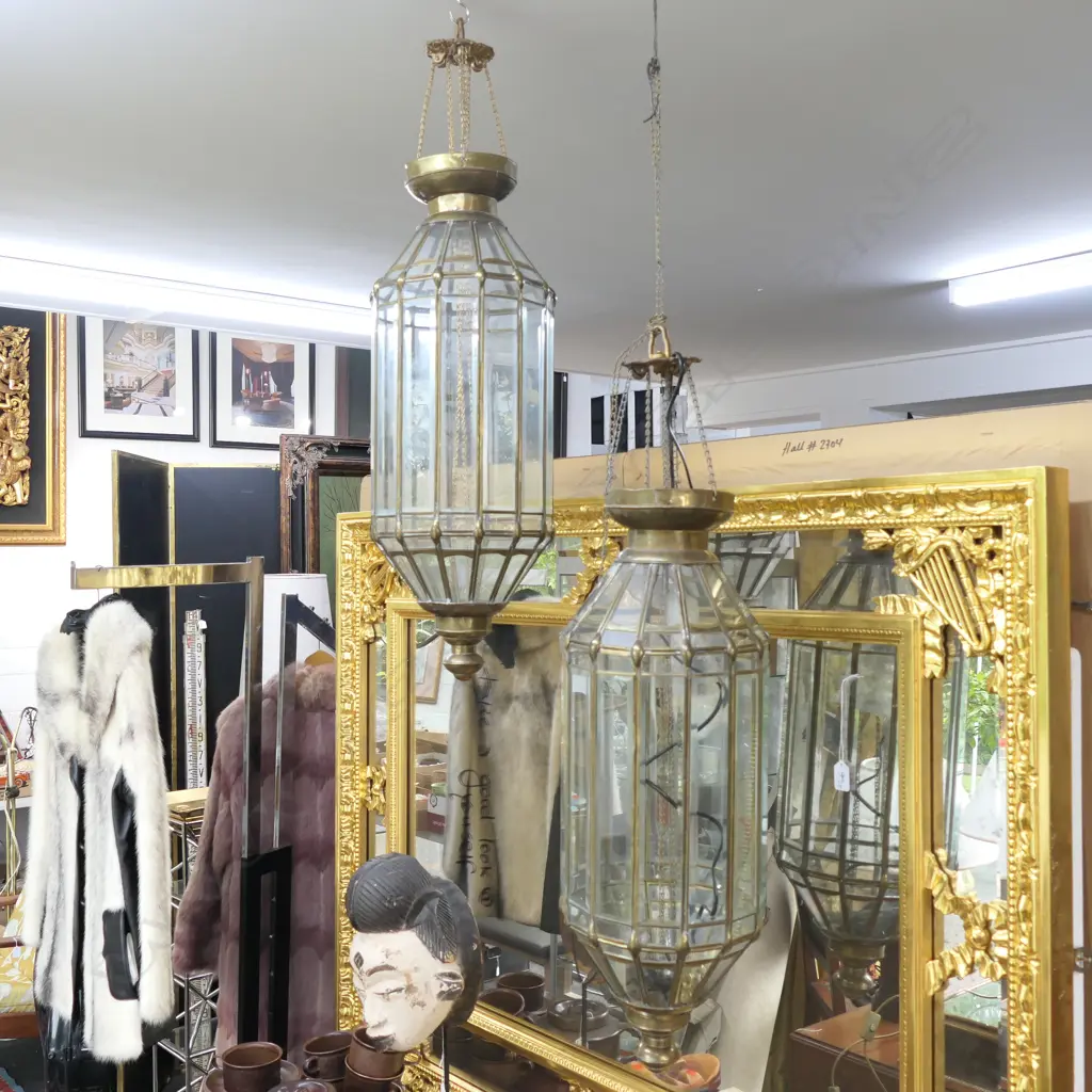PR OF BRASS AND GLASS HANGING LANTERNS H 660 MM Image 1++