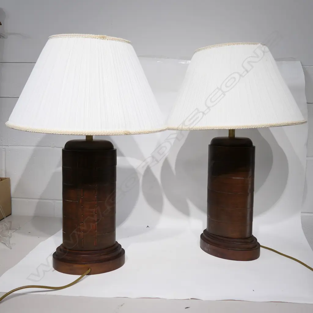 PR WOOD BANDED TABLE LAMPS - NEED REWIRING. H. INCL. SHADES 620MM Image 1++