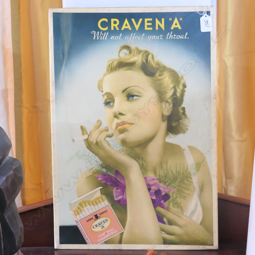 VINTAGE 'CRAVEN A' SIGN 'WILL NOT AFFECT YOUR THROAT' Image 1++