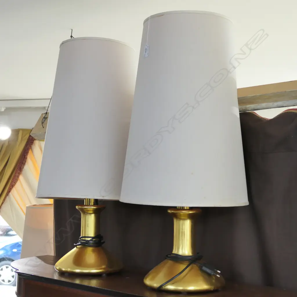 PR GILT CONICAL TABLE LAMPS. - NEED REWIRING H. INCL. SHADES 730MM Image 1++