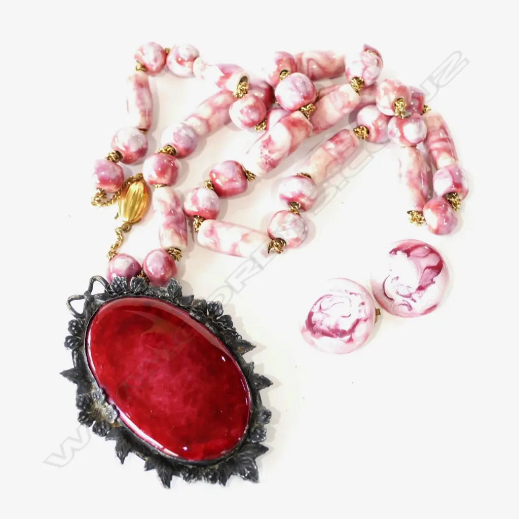 SILVER/GILT PORCELAIN NECKLACE & EARRINGS; AND SIL? PINK ENAMEL BROOCH Image 1++