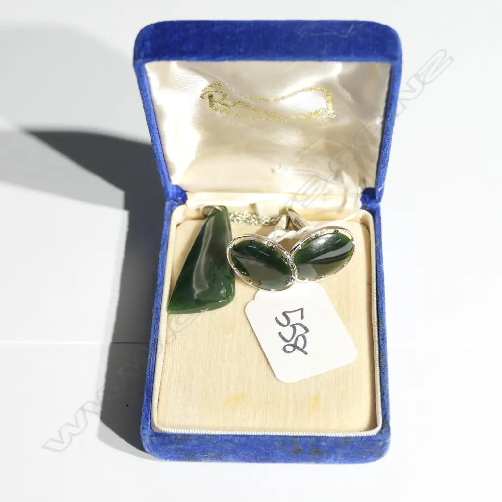 SIL GREENSTONE CUFF LINKS; & GREENSTONE PENDENT Image 1++