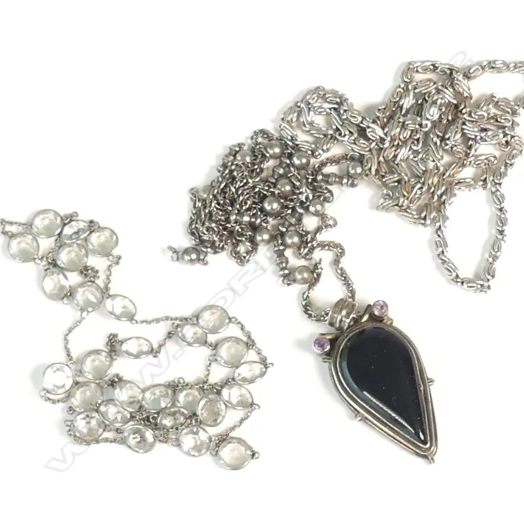 SILVER ONYX PENDENT, ON CHAIN, CRYSTAL NECKLACE, PLUS OTHER Image 1++