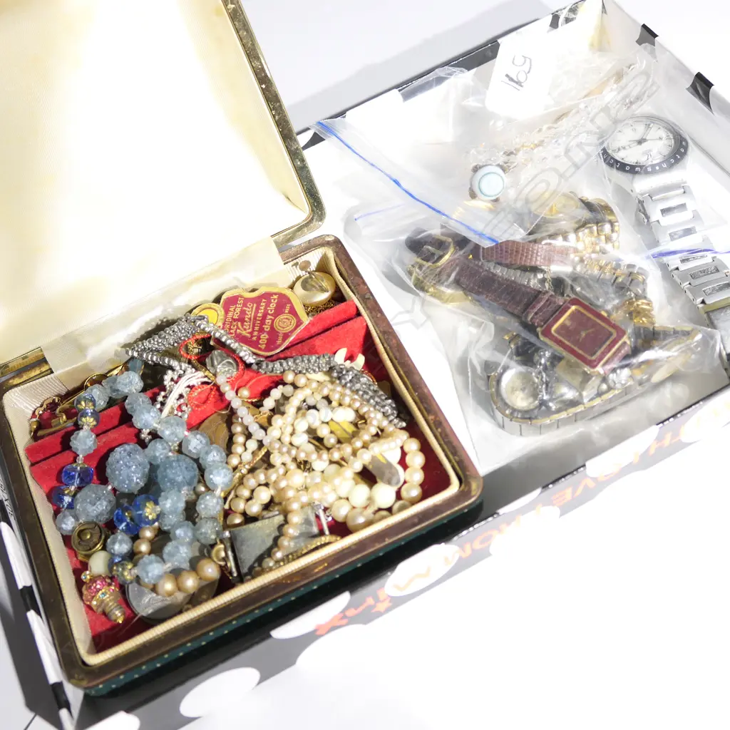 BOX LOT ASST. JEWELLERY INCL; WATCH, NECKLACES ETC Image 1++