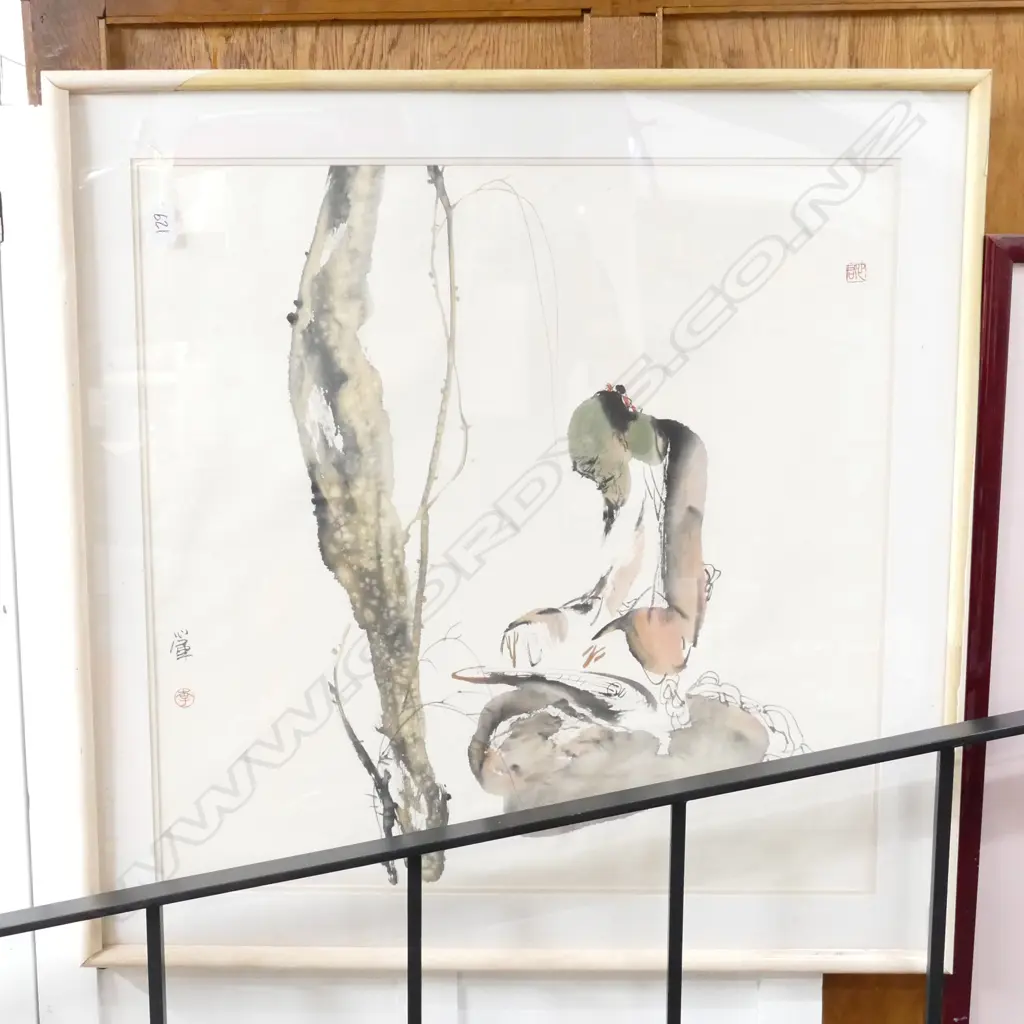 CHINESE FRAMED INK DRAWING OF A MUSICIAN 840 X 830 MM Image 1++