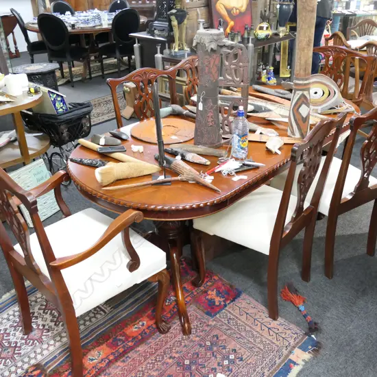 MAHOGANY DINING TABLE WITH SIX CHIPPENDALE STYLE CHAIRS