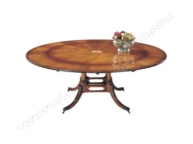 BEVAN FUNNELL 'REPRODUX' MAHOGANY CIRCULAR SEGMENT BANQUET TABLE w 6 LEAF STORAGE BOX & PLATE GLASS TOP Image 1++