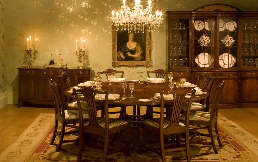BEVAN FUNNELL 'REPRODUX' MAHOGANY CIRCULAR SEGMENT BANQUET TABLE w 6 LEAF STORAGE BOX & PLATE GLASS TOP Image 1++