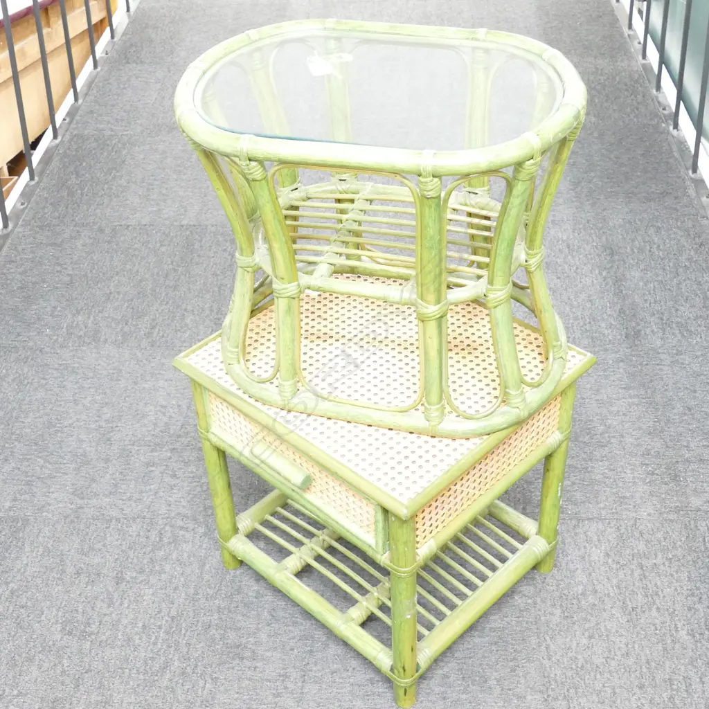 TWO GREEN CANE TABLES Image 1++