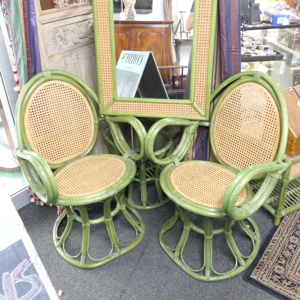 PAIR OF GREEN PAINTED CANE CHAIRS Image 1++