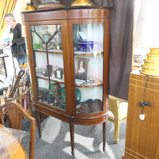 EDWARDIAN BOW FRONT CHINA DISPLAY CABINET ASTRAGAL GLAZED DOOR 1230MM W 1630MM H