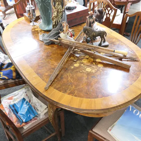ITALIAN INLAID & CROSSBANDED OYSTERSHELL WALNUT OVAL DINING TABLE w BUTTERFLY LEAF EXTENSION
