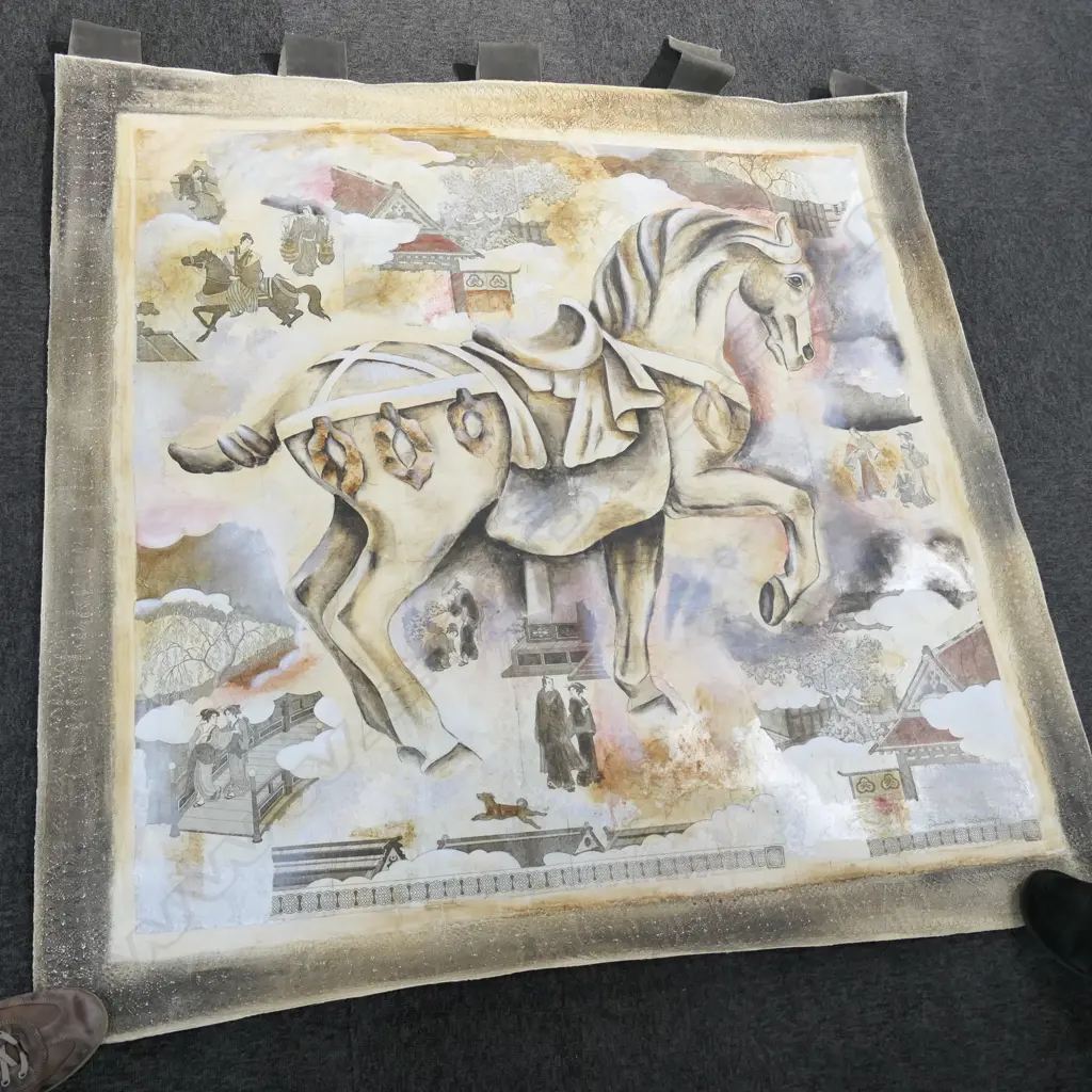 LARGE MIXED MEDIA HORSE PAINTING W/ JAPANESE FIGURES ON CANVAS 1405 X 1425MM Image 1++