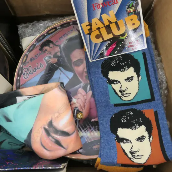 LOT OF ELVIS PRESLEY MEMORABILIA - RECORDS, MUSICAL PLATES, TIES ETC