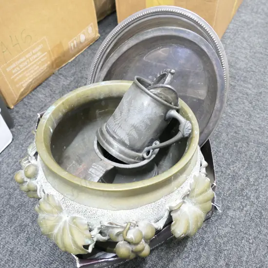 BOX LOT VINTAGE BRASS VASE, PEWTER, EP DISH