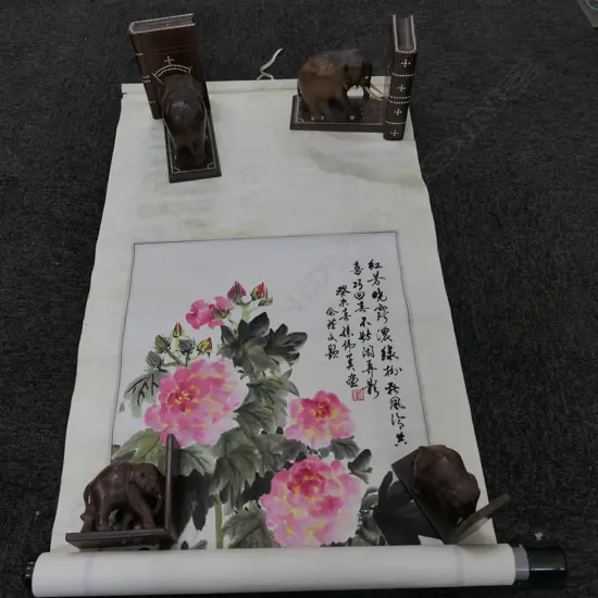 2 PRS ELEPHANT BOOK ENDS + HAND PAINTED SCROLL