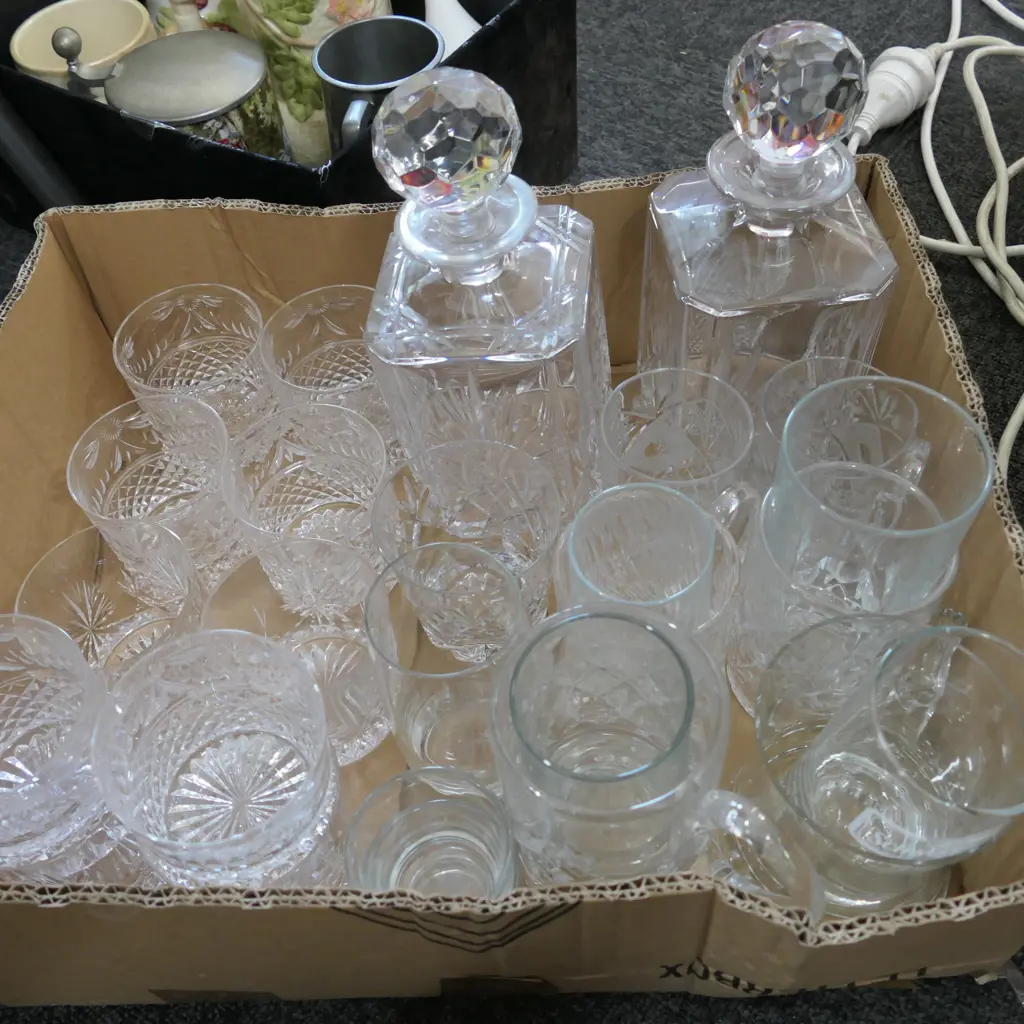 LOT ASST CRYSTAL AND GLASS TUMBLERS, DECANTERS ETC Image 1++