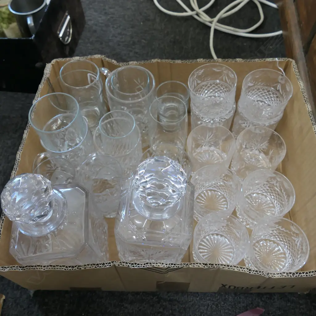 LOT ASST CRYSTAL AND GLASS TUMBLERS, DECANTERS ETC Image 1++