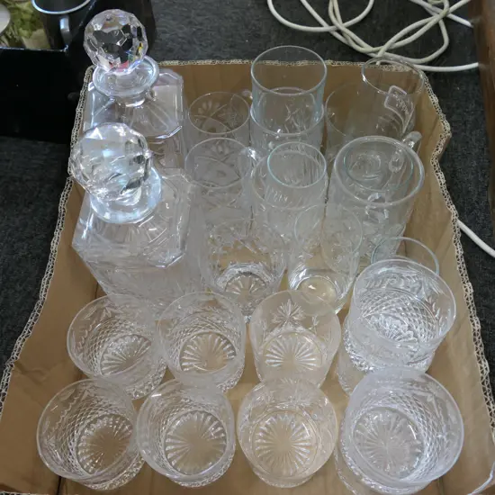 LOT ASST CRYSTAL AND GLASS TUMBLERS, DECANTERS ETC