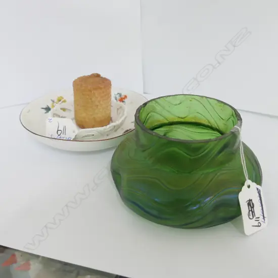 GEOIII COALPORT? CANDLE DISH + IRREDESCENT GLASS VASE