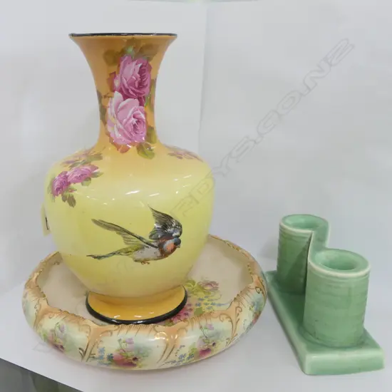 ENGLISH CHINA VASE W SWALLOW.C/DEVON CANDLESTICK. BOWL A.F