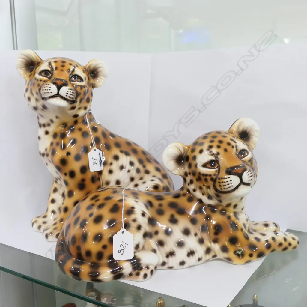 2 ITALIAN CERAMIC LEOPARD CUB SCULPTURES Image 1++