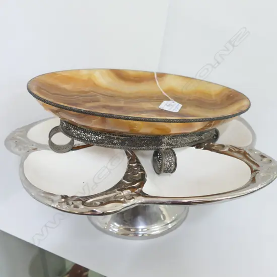 2 DISHES: 1 SILVER LUSTRE 1 ALABASTER WITH METAL FRAME