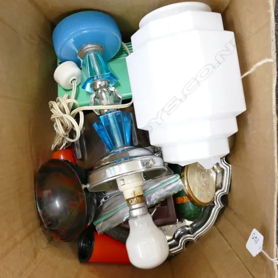 BOX LOT OF ASSORTED ITEMS, INCL EP TRAY, ART DECO LAMP (AF), S&P SHAKER SETS, HIP FLASK ETC