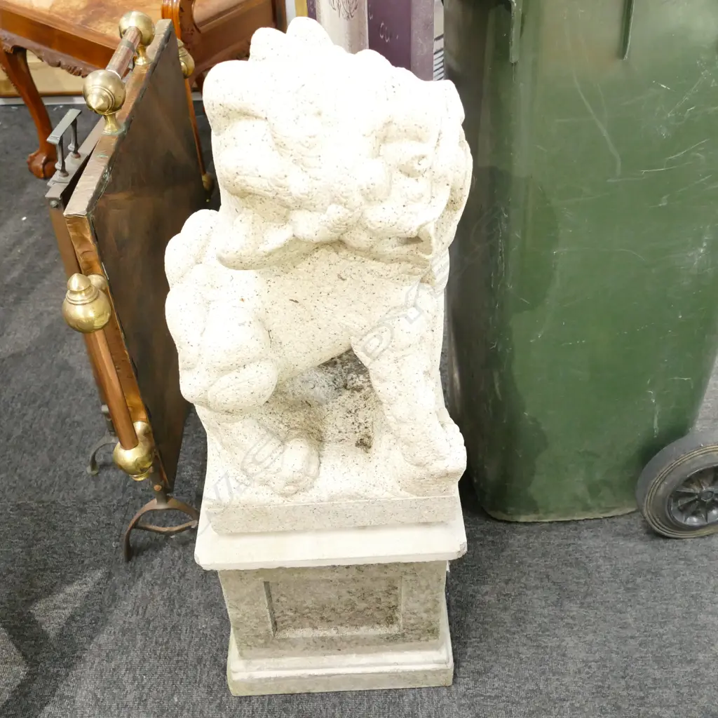 PAIR OF CARVED STONE LIONS ON PLINTHS Image 1++