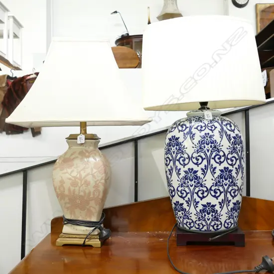 TWO CERAMIC LAMPS - B + W / PINK FLORAL. TALLEST H. INCL. SHADE H. 