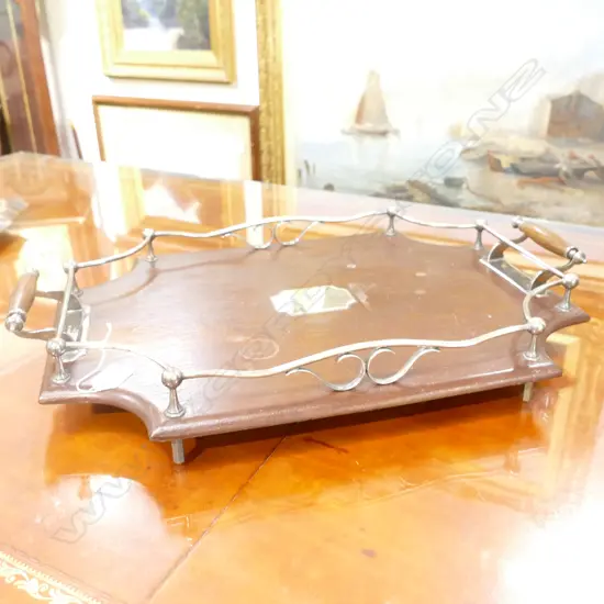 WOODEN TRAY WITH PLATED SILVER