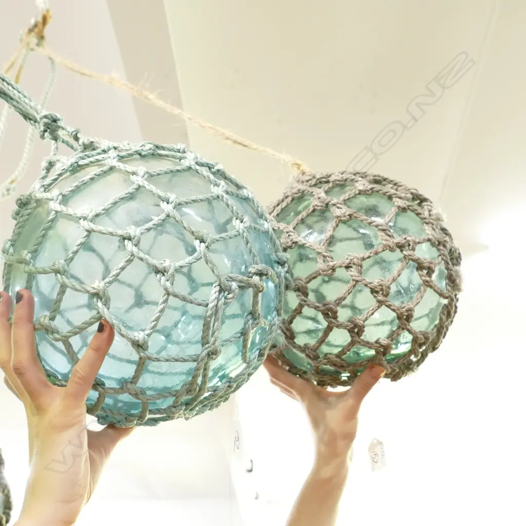 2 OLD MED GLASS FISHING FLOATS WITH NETTING Image 1++