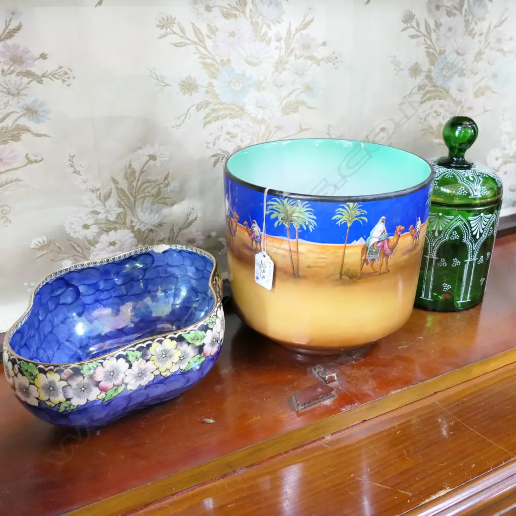 TUNKSTALL JARDINEER, MAILING BOWL & GREEN GLASS PAINTED LIDDED CANISTER Image 1++