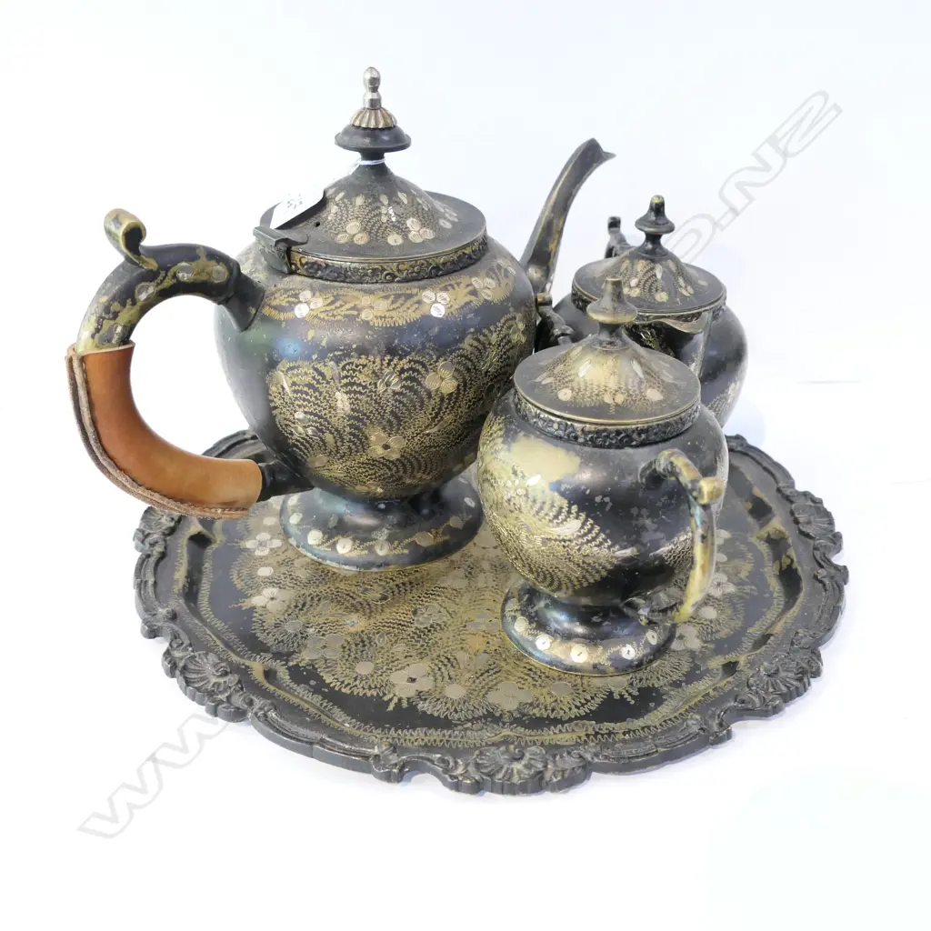 ORNATE ANTIQUE BRASS & NICKELPLATE TEA SERVICE Image 1++