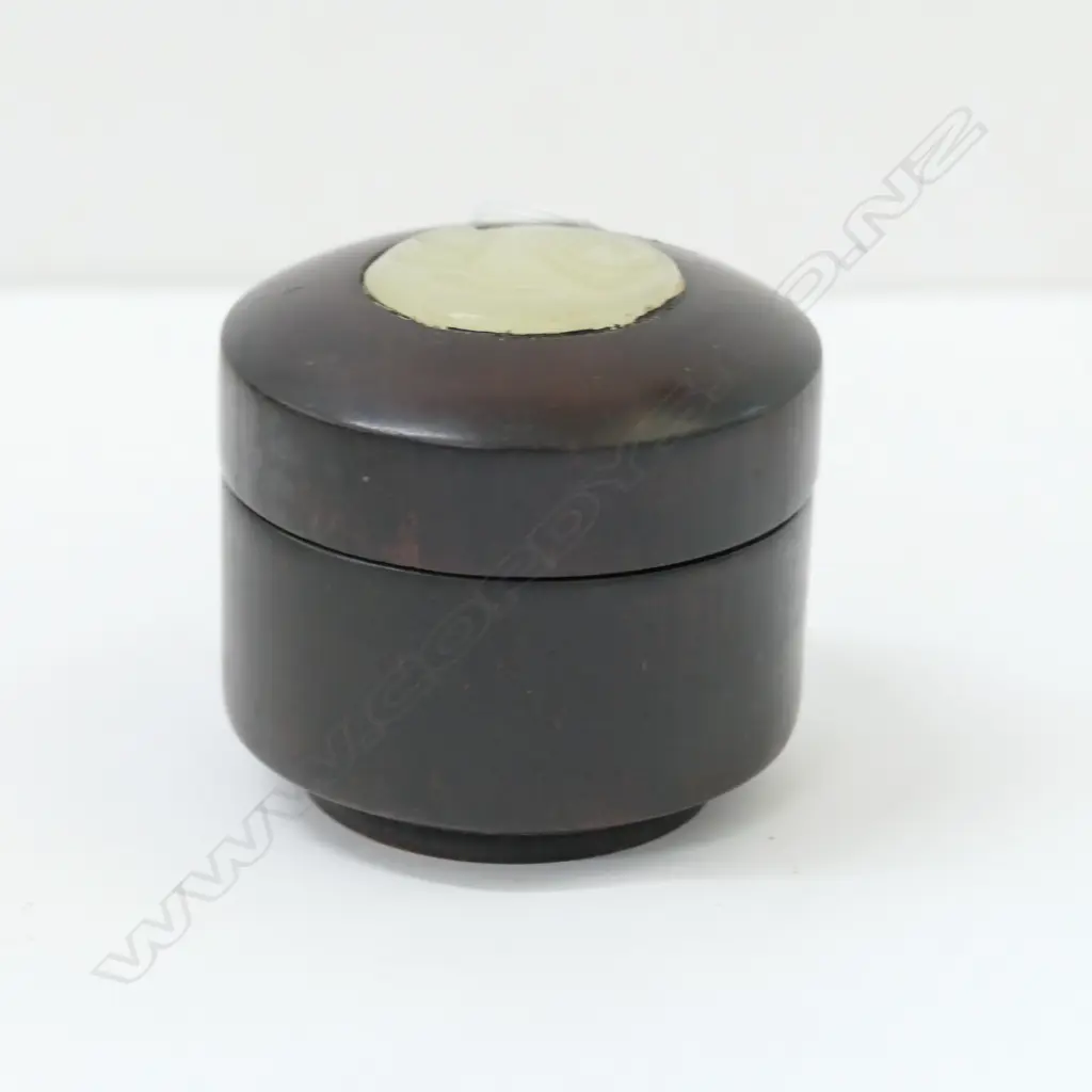 CHINESE ROSEWOOD SMALL LIDDED POT JADE INSET PANEL... Image 1++