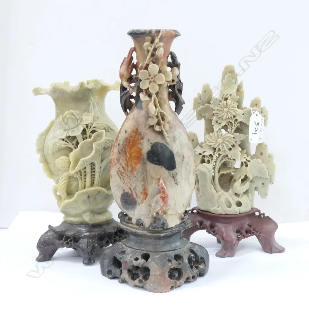 3 CHINESE CARVED SOAPSTONE VASES/SCULPTURES Image 1++