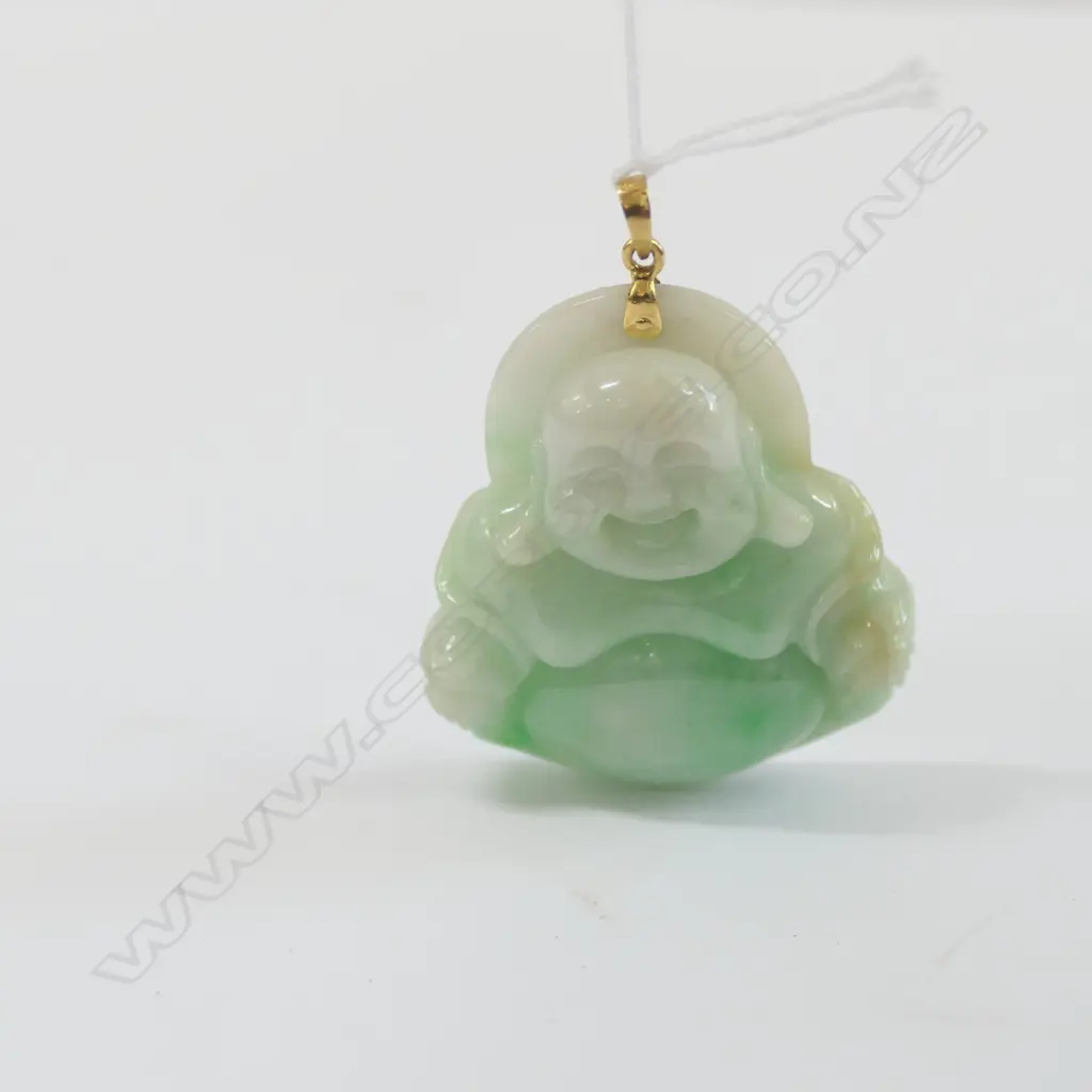 WHITE JADE BUDDHA PENDANT VIBRANT GREEN INCLUSIONS Image 1++