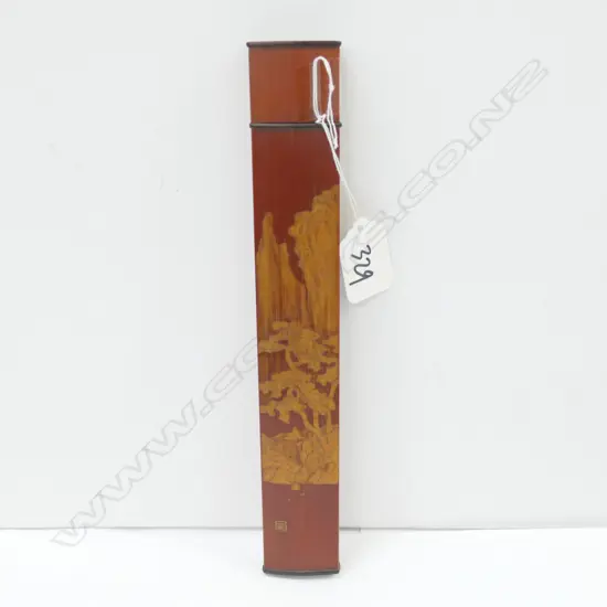 BAMBOO CARVED LONG LIDDED CASE MOUNTAINOUS SCENE
