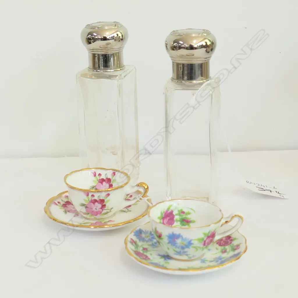 PAIR MINIATURE CUPS/SAUCERS & PAIR CRYSTAL SILVERPLATE SCENT BOTTLES Image 1++