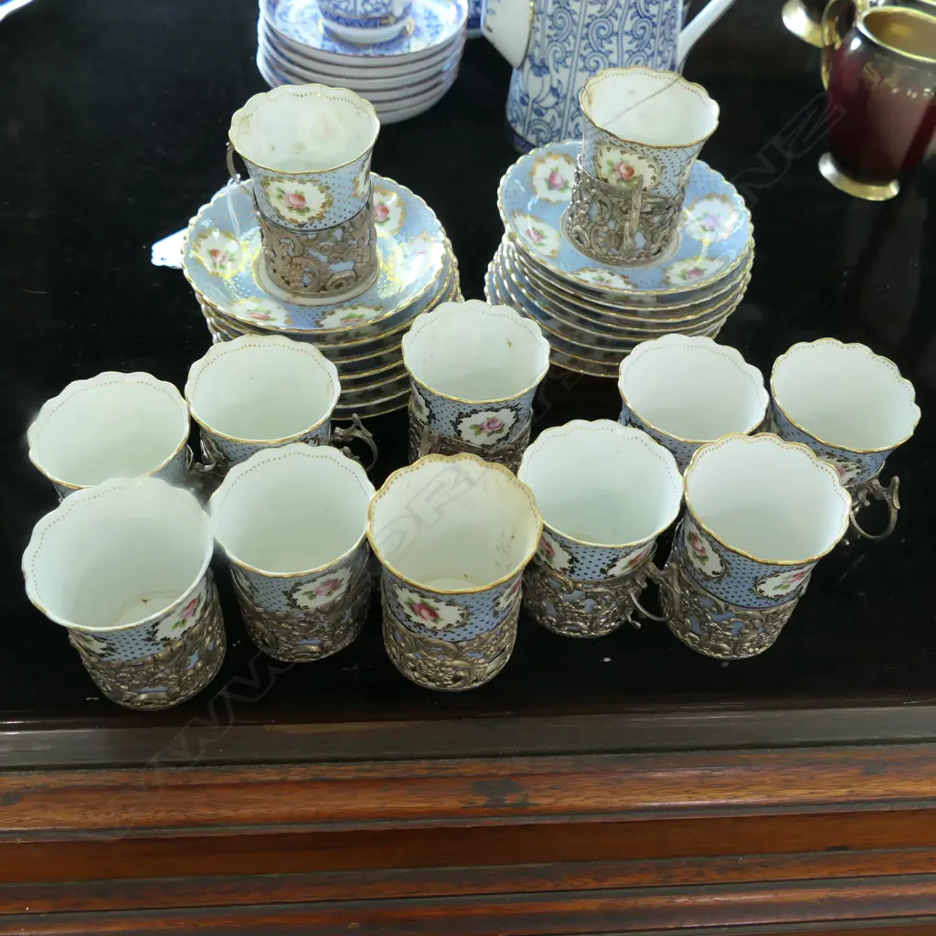 12 CRESCNT CHINA DEMI-TASSE CUPS WITH STG SILVER PIERCED SURROUNDS Image 1++