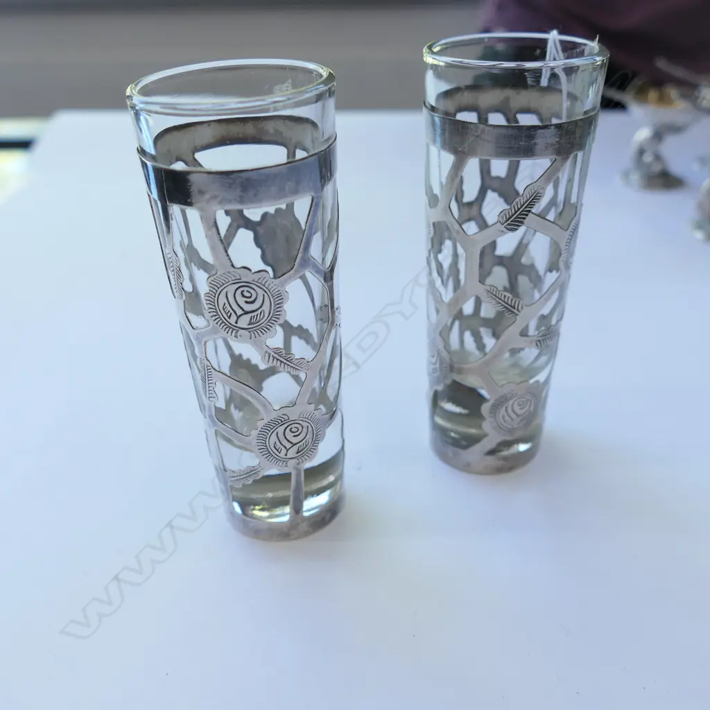 PR SM ORNATE MEXICAN SILVER & GLASS VASES, H.110MM Image 1++