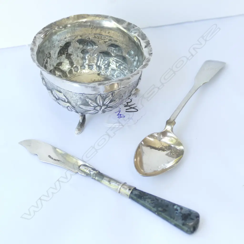SILVER PROVINCIAL CHINESE FOOTED BOWL, STG SILVER LETTER KNIFE AND SPOON Image 1++
