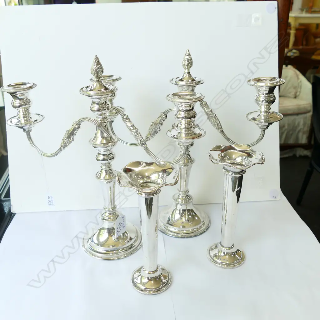 2 EP 3 BRANCH CANDELABRA + 2 SPILL VASES  Image 1++