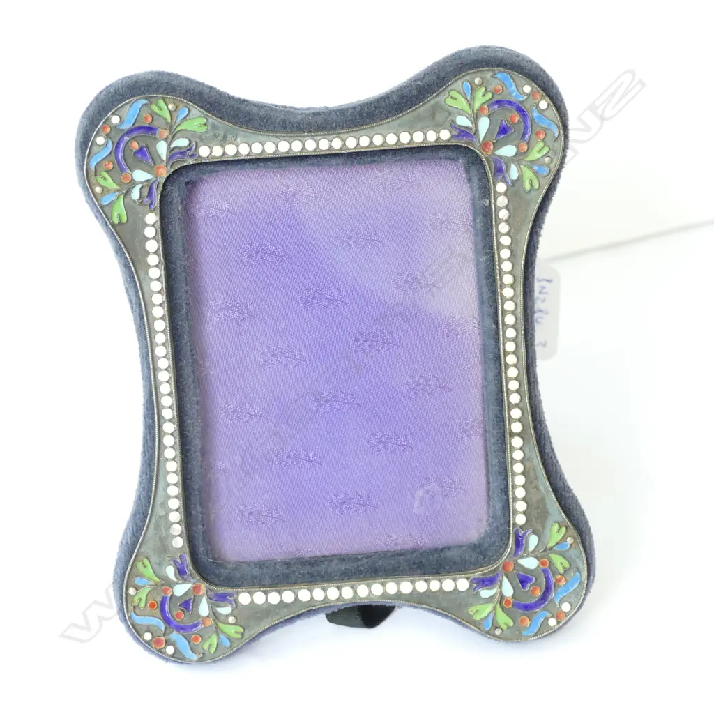 RUSSIAN SILVER (84 zolotnik Moscow) CLOISONNE ENAMEL PHOTO FRAME, VELVET STRUT BACK Image 1++