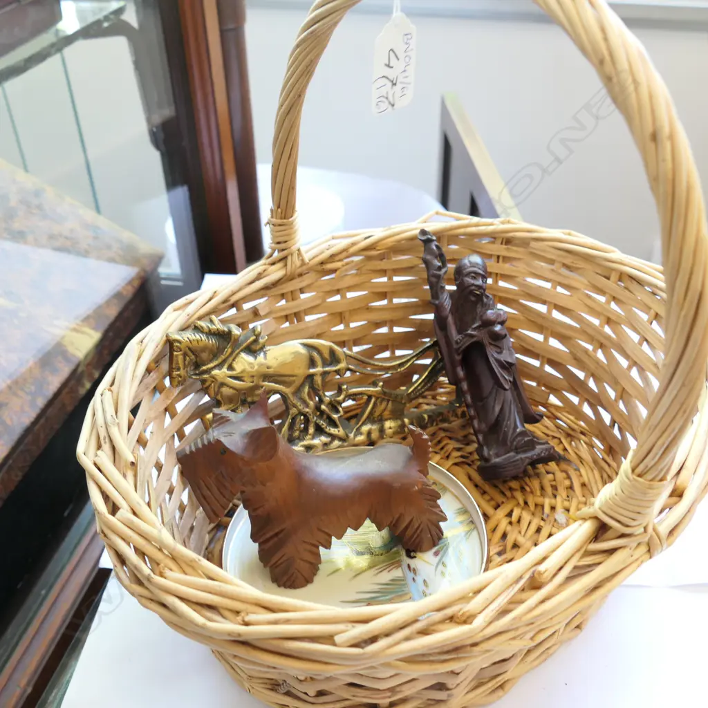 BASKET OF ITEMS; SAUCERS, SCOTTIE DOG, ASIAN FIGURE, BRONZE FARMER Image 1++