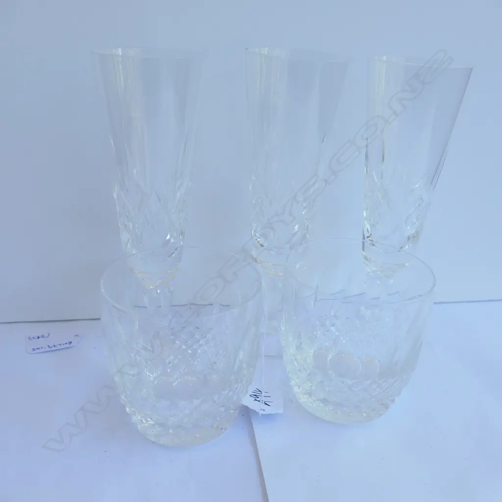 TWO WATERFORD TUMBLERS + 3 STUART CHAMPAGNE FLUTES (SLIGHT CHIPPING TO STUART) Image 1++