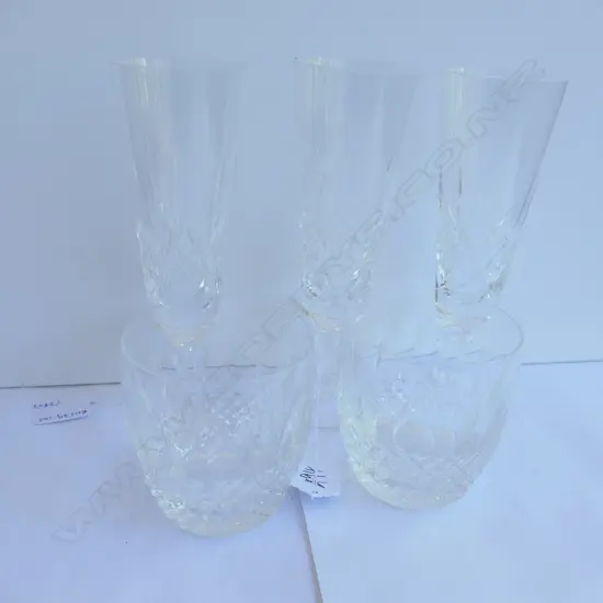 TWO WATERFORD TUMBLERS + 3 STUART CHAMPAGNE FLUTES (SLIGHT CHIPPING TO STUART)