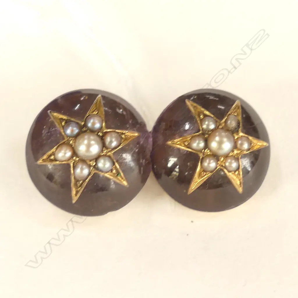 VICTORIAN AMETHYST GOLD PEARL DBLE CABOCHON BROOCH Image 1++