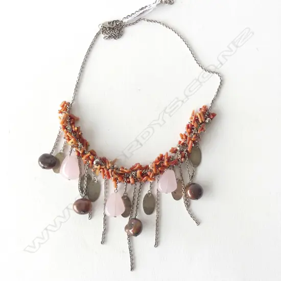 ROSE QUARTZ/TWISTED CORAL NECKLACE, BROKEN CLASP